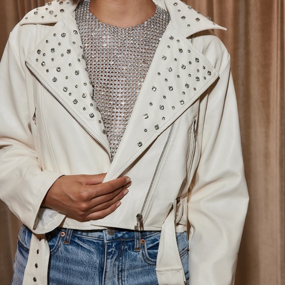 12th Tribe White Faux Leather Studded “Crazy In Love” Jacket - Picture 2 of 5